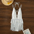 White one-piece swimsuit with a deep V-neckline and a decorative tassel.