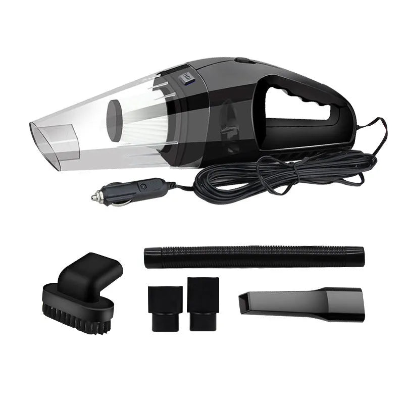 Orange handheld 12v car vacuum cleaner with nozzle attached on a car seat.