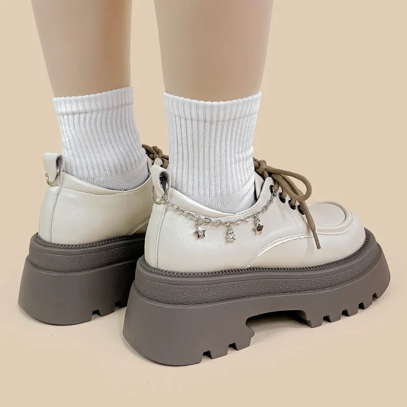 British style white platform leather shoes with chunky heel and front lace-up closure