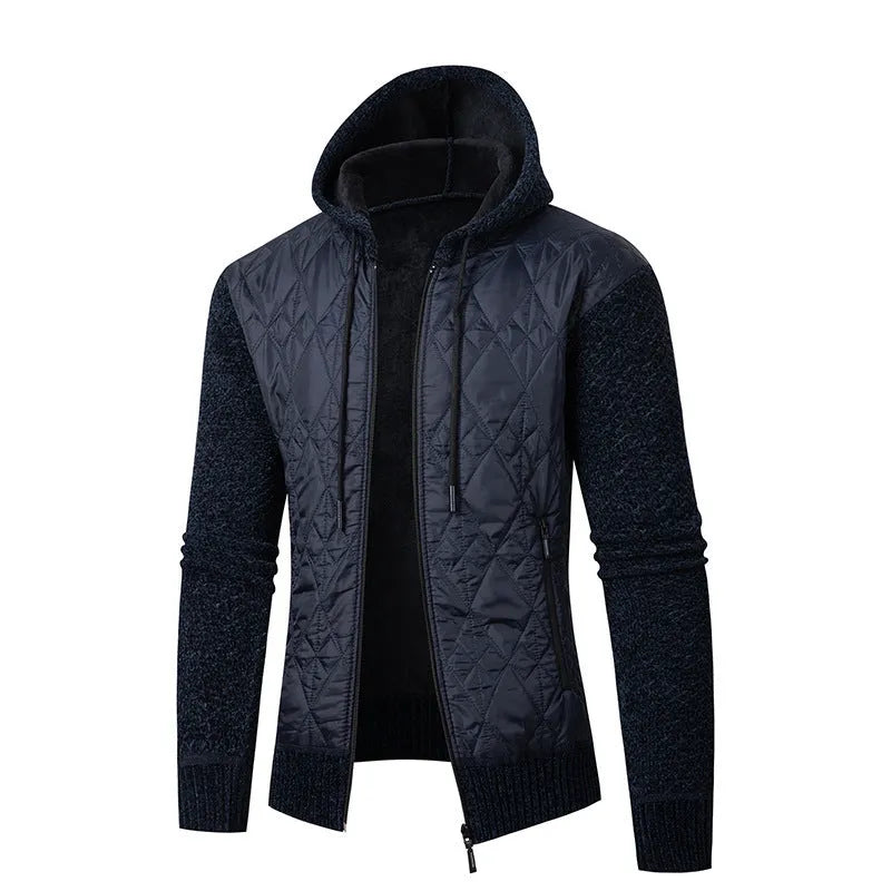 Men's grey corduroy hooded sweater coat with cinched waist and wool composition