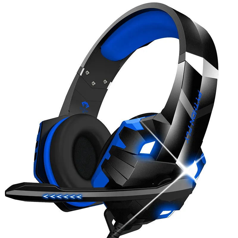 Wired gaming headset with LED breathing lights and microphone in blue, pink, red or white colour