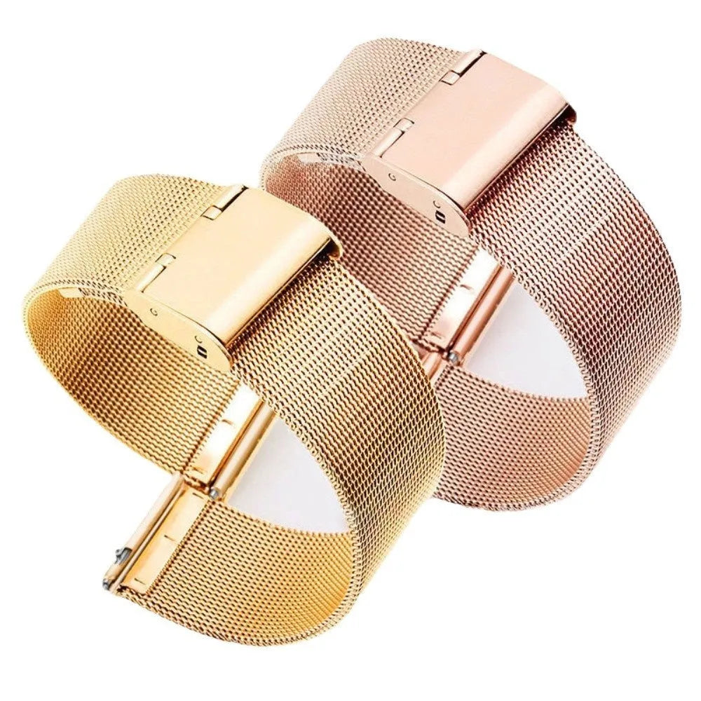Milani silk woven stainless steel watch band in silver, showing textured finish and metal clasp