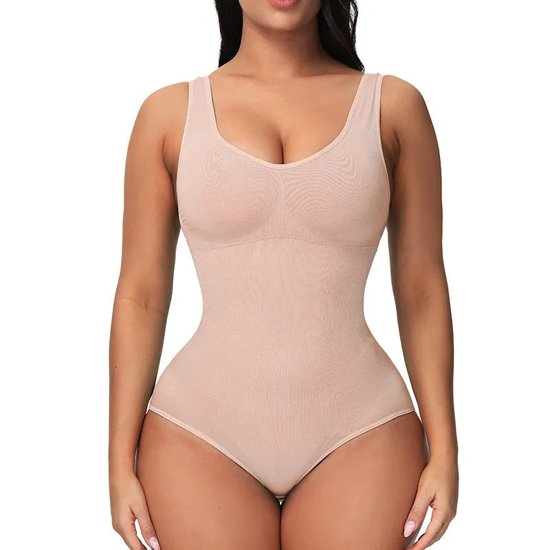 Seamless nylon bodysuit shapewear for women in apricot colour on a hanger.