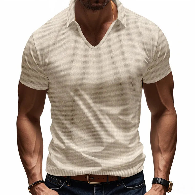 Men's casual V-neck short sleeve top in cotton blend fabric showing loose fit and solid colour options