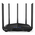Black AC11 Gigabit wireless router showing Gigabit ports, with AU, EU, UK, and US plug adaptors.