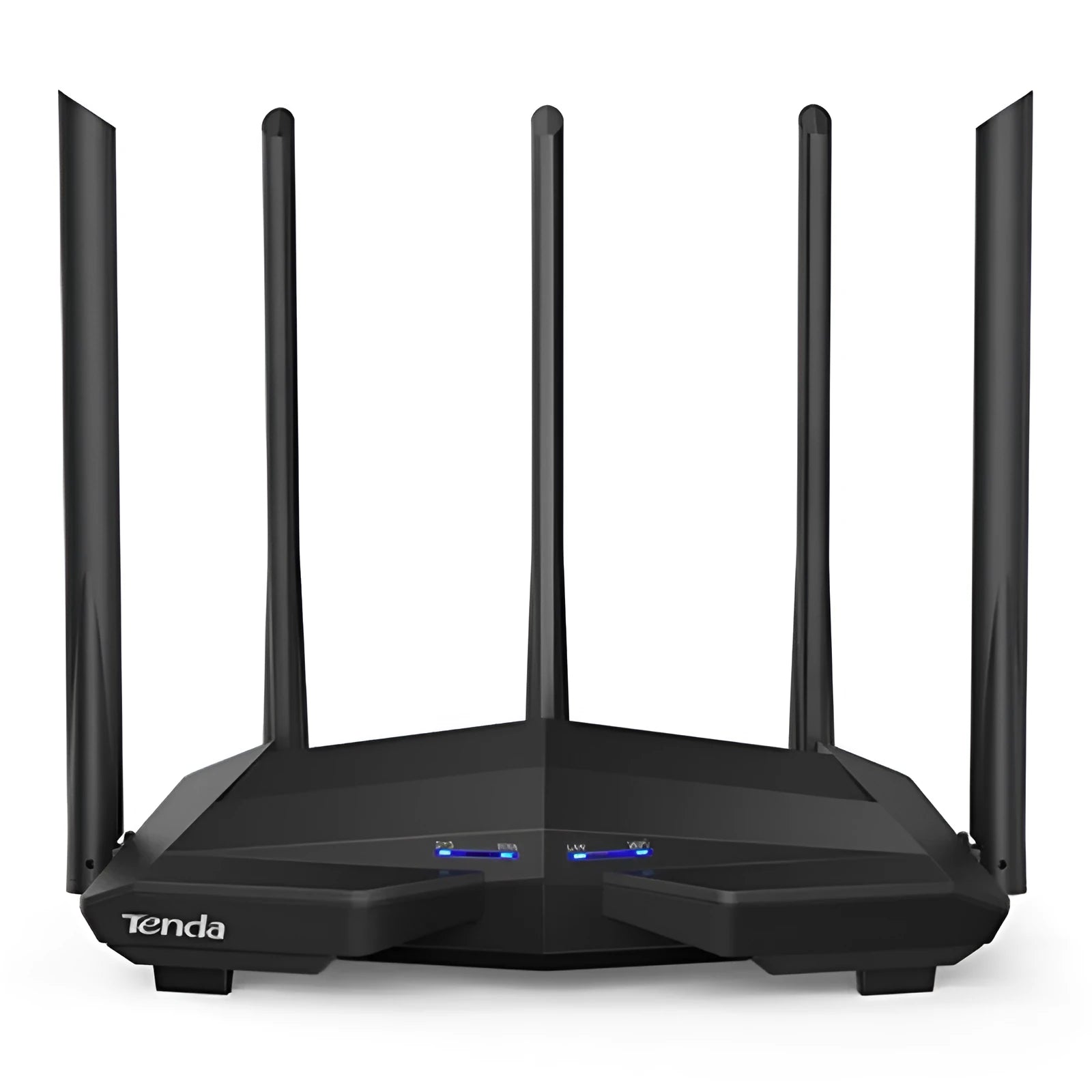 Black AC11 Gigabit wireless router showing Gigabit ports, with AU, EU, UK, and US plug adaptors.