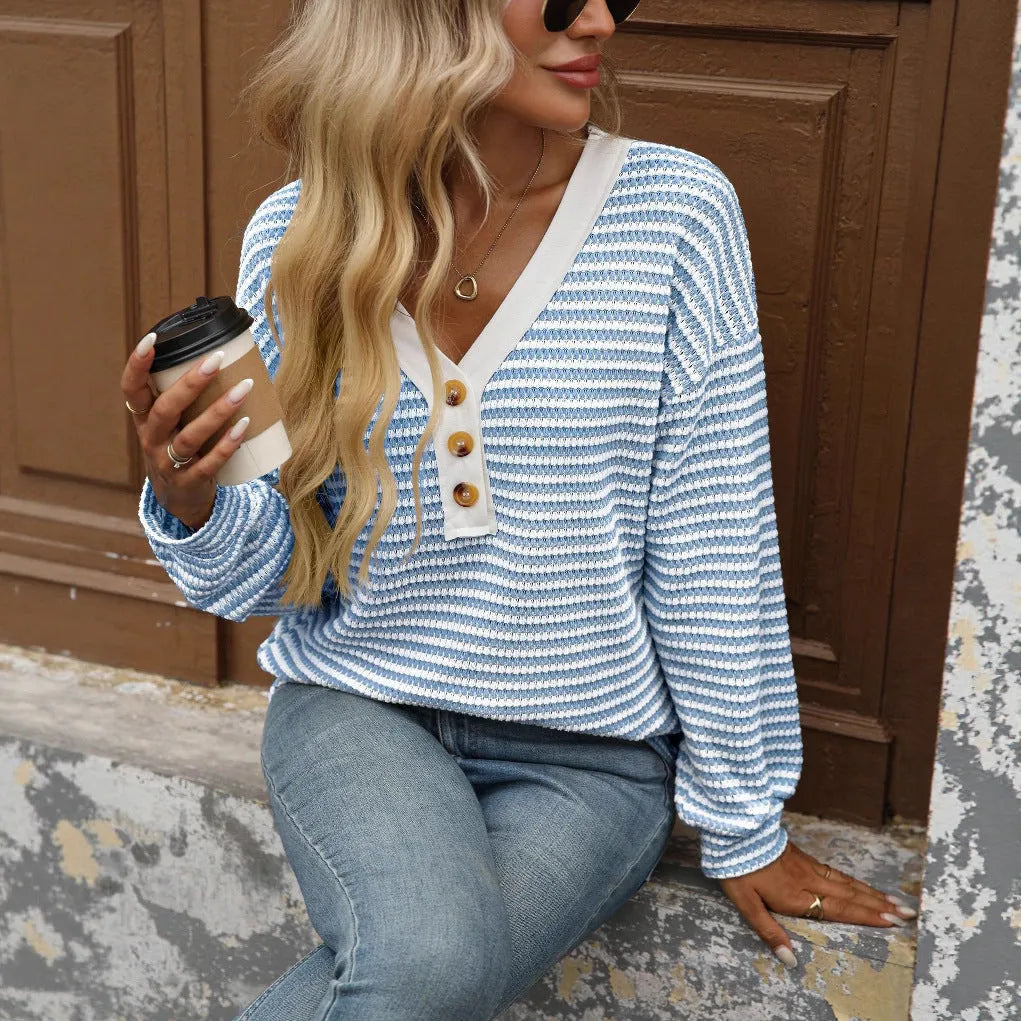 Women's V-neck pullover top with patchwork detailing in polyester fabric, loose street fashion style