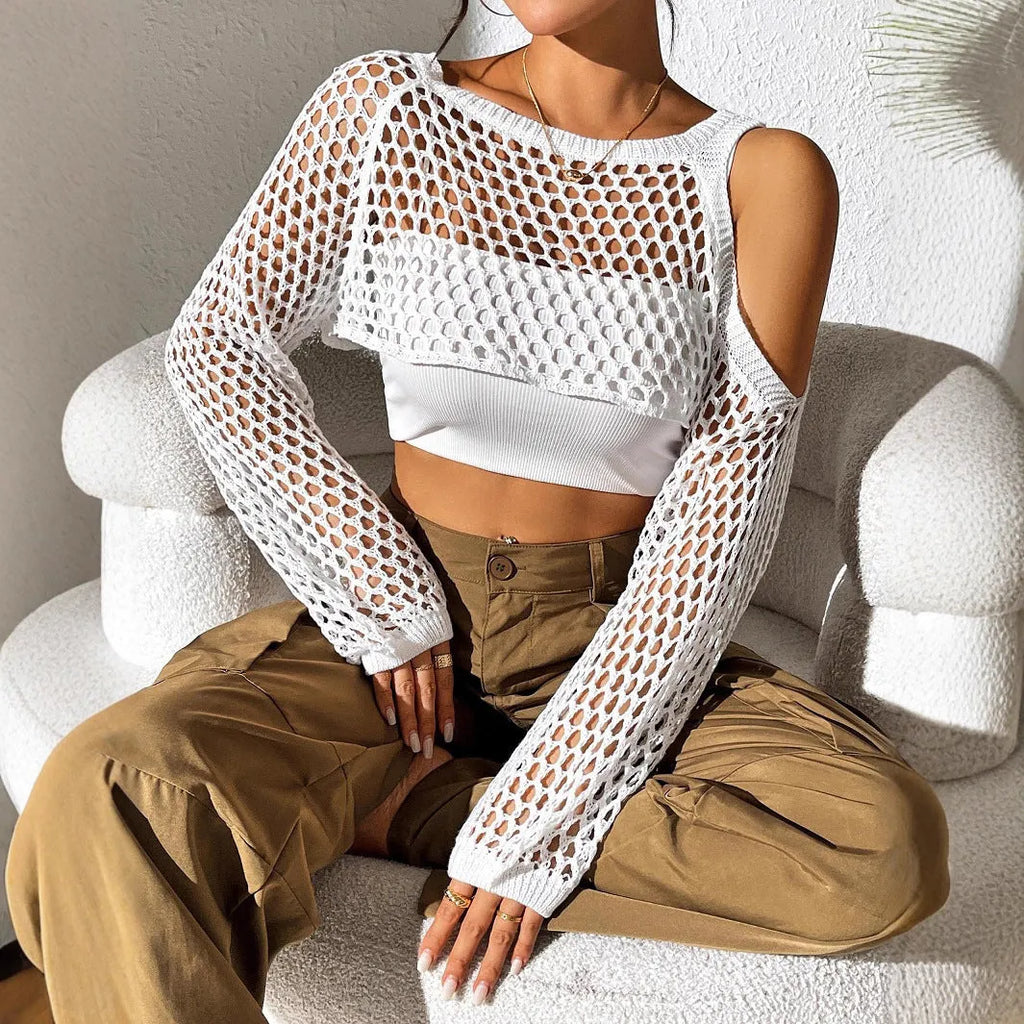 Mesh beach shirt with a navel hollowed design in a choice of six colours on a mannequin.