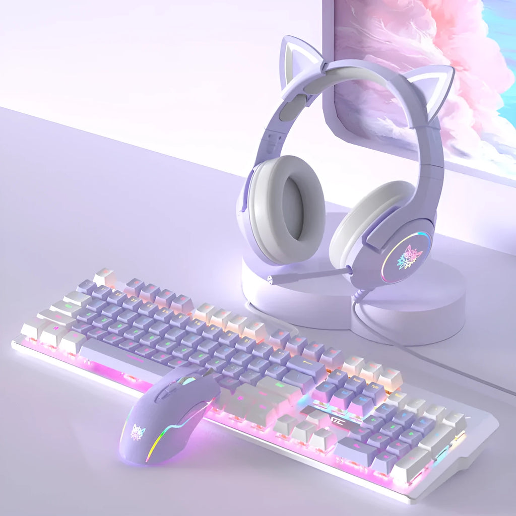 Purple and white mechanical keyboard and mouse wired gaming bundle with backlit keys