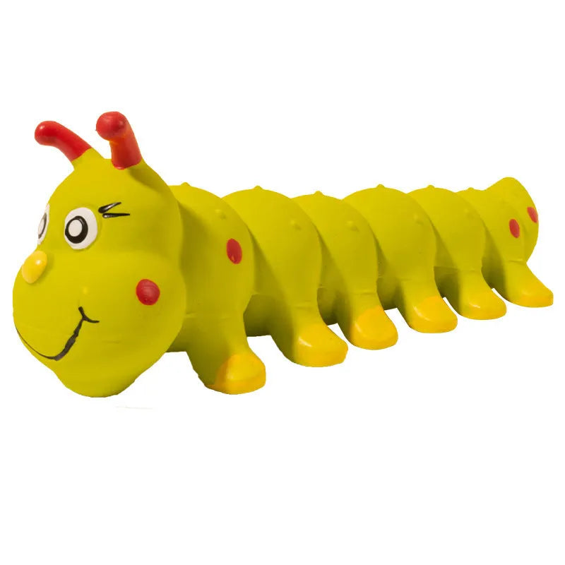 Yellow caterpillar-shaped rubber squeaky dog toy measuring 25.5cm long
