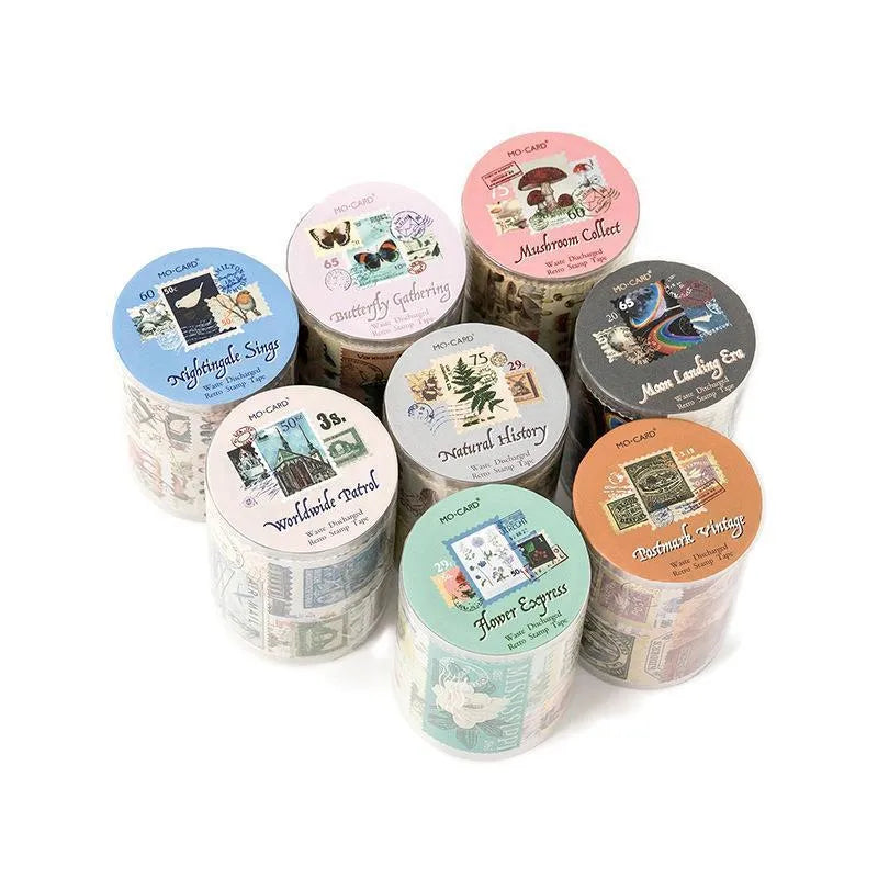 Roll of 55mm wide coated paper stamp for journal decoration with retro butterfly, forest, bird and mushroom designs