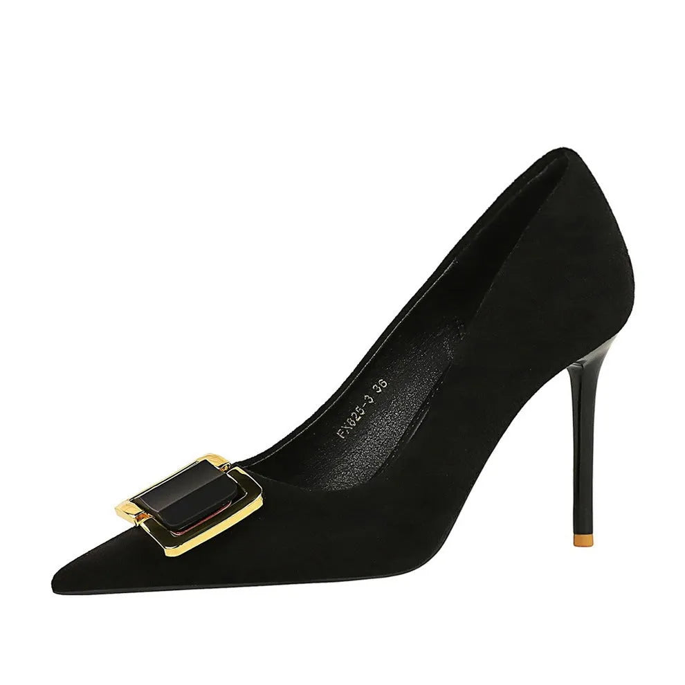 Black suede women's court shoes with a 9cm stiletto heel and pointed toe on a white background