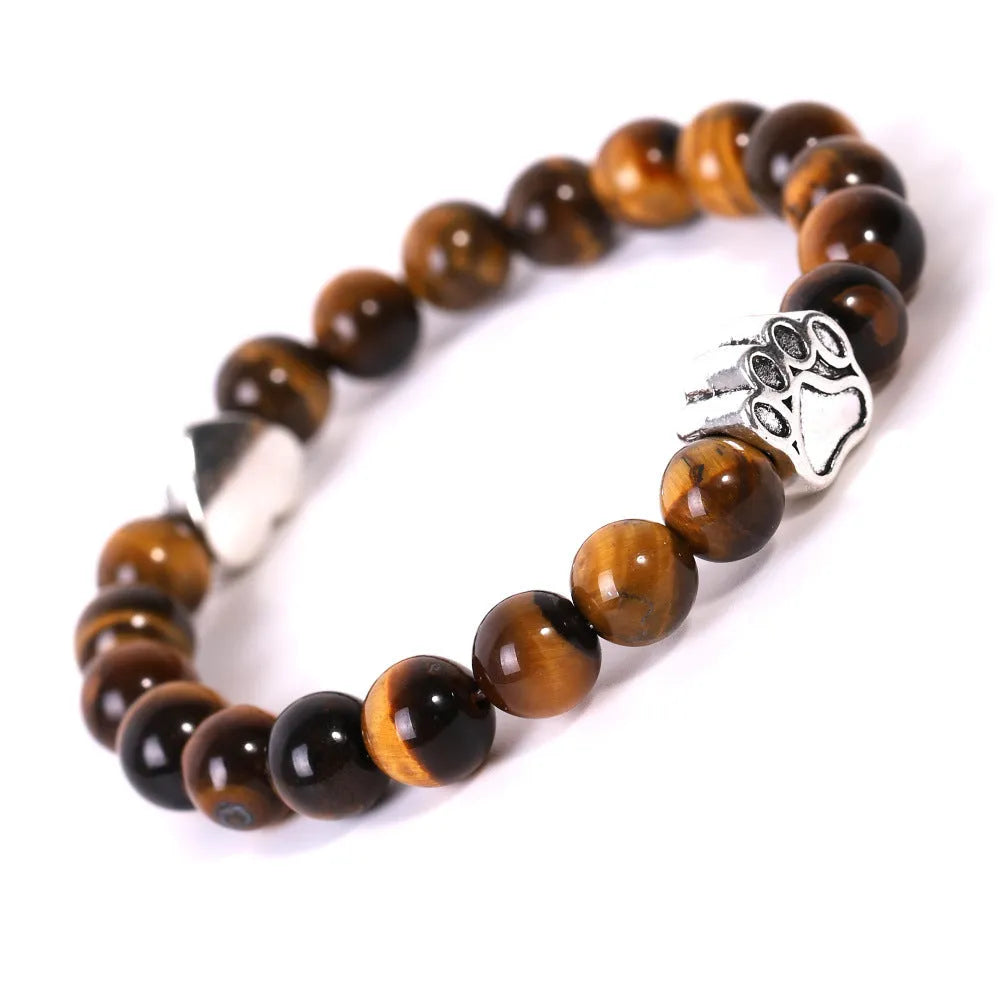 Indian agate dog's paw bracelet with love heart charm made from natural tigereye stone beads