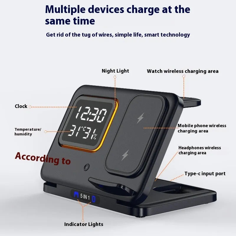 Black and white 5-in-1 wireless charging station with phone, watch and headphone docks, LED clock display
