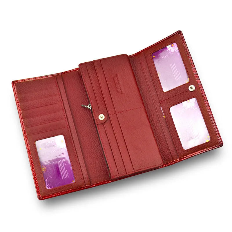 Women's crocodile pattern leather coin purse in wine red with pigskin lining interior