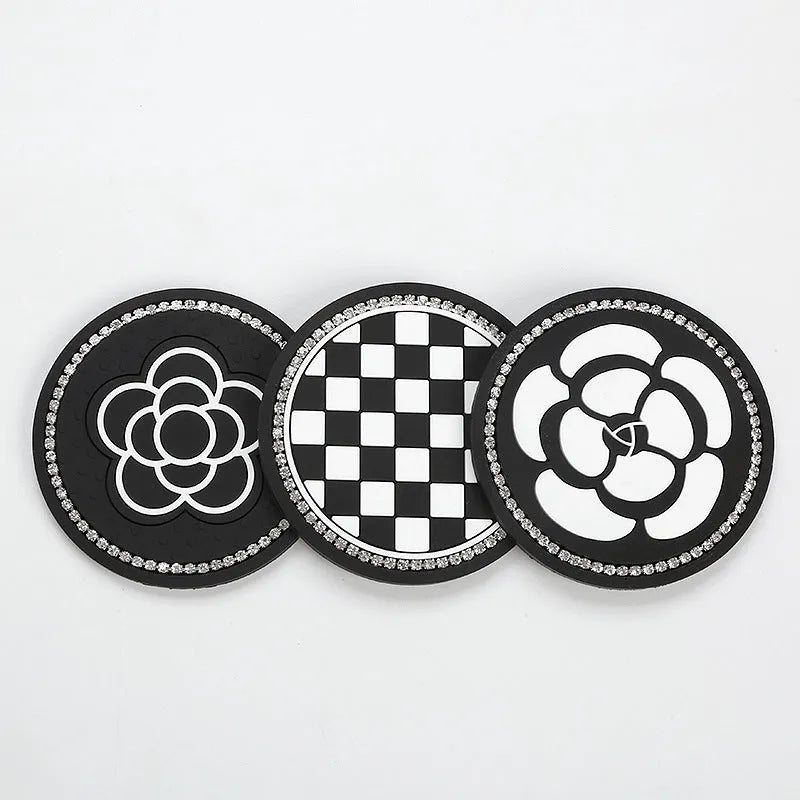 PVC plastic non-slip car cup holder mat coaster in checkerboard and camellia patterns