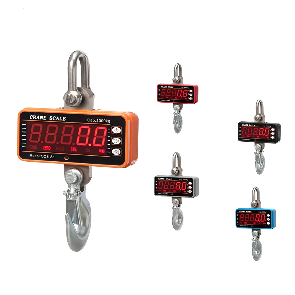 Orange electronic crane scale with digital display showing weight measurement