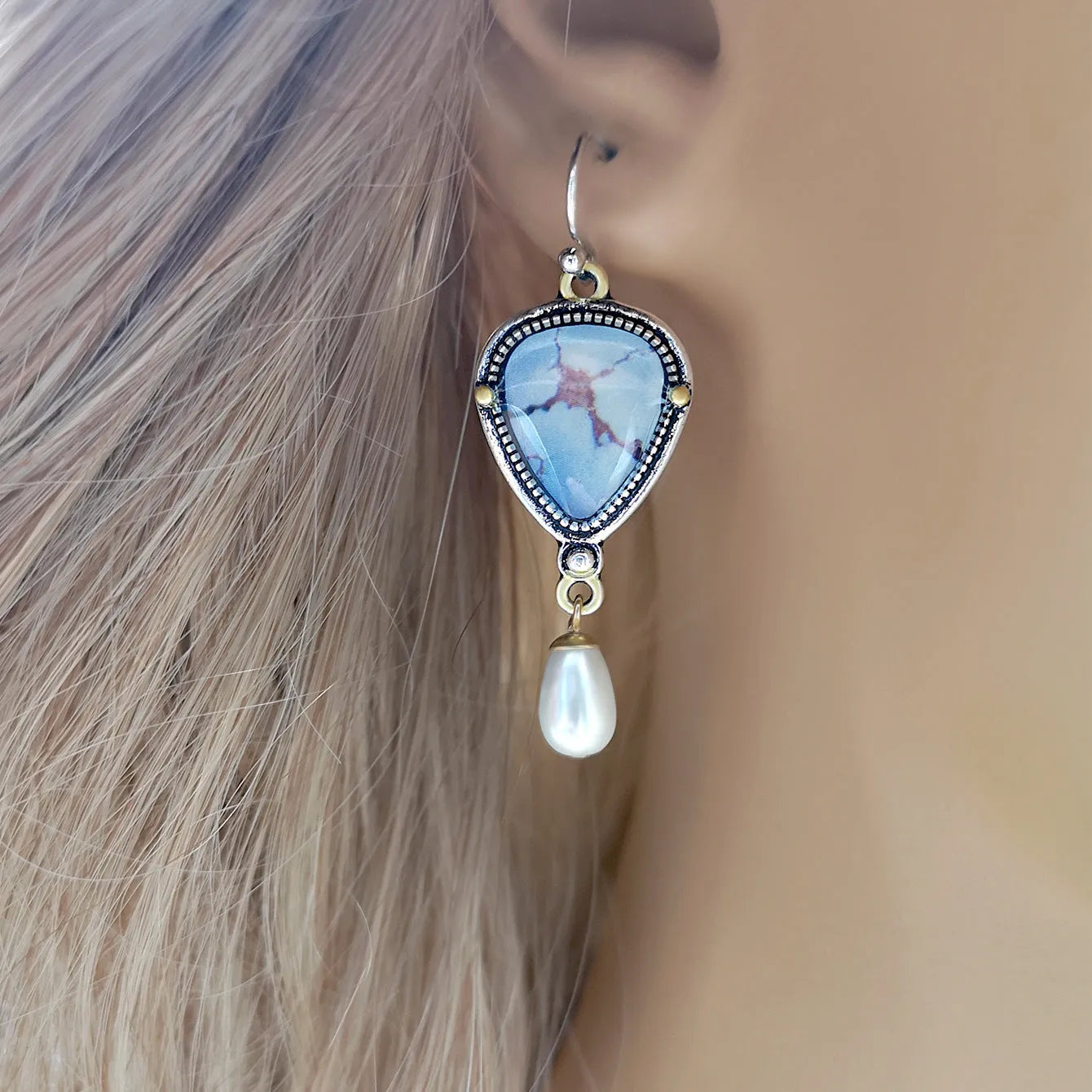 Retro blue drop earrings with geometric design measuring 49mm long, featuring synthetic opal and pearl elements