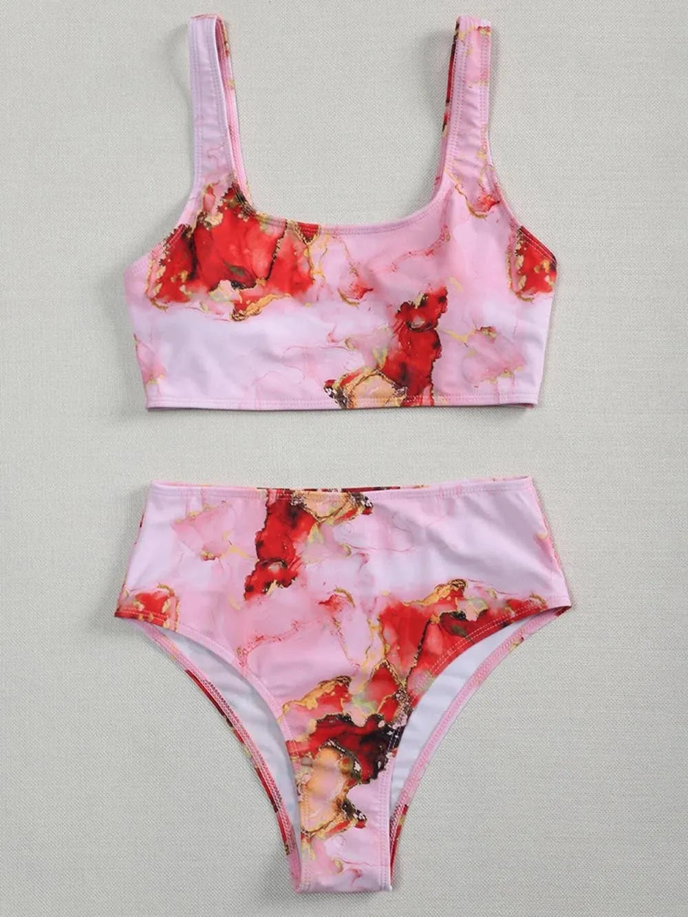 Women's marble tie-dye print high-waisted bikini set with U-neck top on a mannequin.
