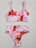 Women's marble tie-dye print high-waisted bikini set with U-neck top on a mannequin.