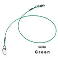Set of 10 steel wire fishing leaders with double buckle pins in green, black, and red.