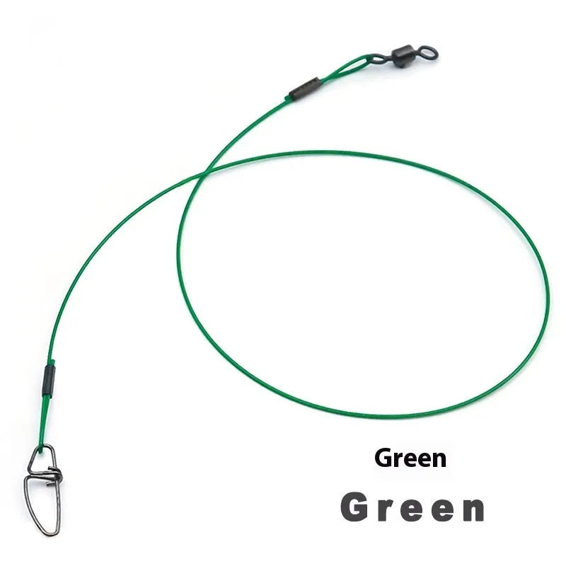 Set of 10 steel wire fishing leaders with double buckle pins in green, black, and red.