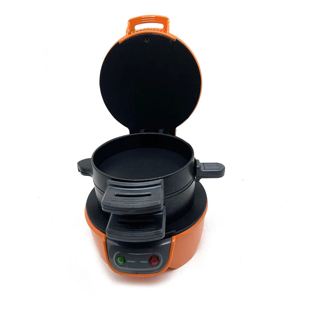 Bright red breakfast machine sandwich maker with egg cooker ring and mechanical controls