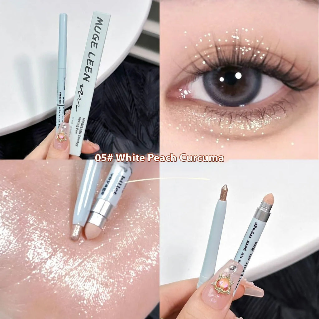 Waterproof 2-in-1 eyeshadow pen with six colour options showing camellia milk apricot and ice diamond debris shades