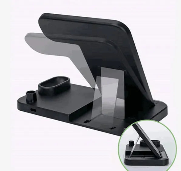 4-in-1 wireless charging station showing phone, Apple Watch, AirPods and Apple Pencil charging simultaneously on adjustable stand
