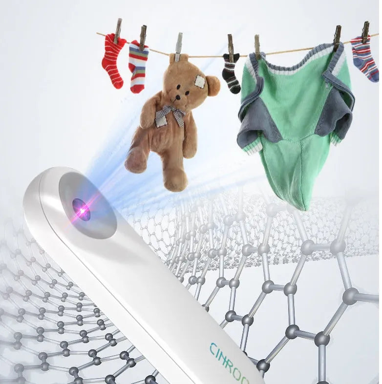 White portable UV sterilizer showing compact 116mm design with dimensions and battery specifications