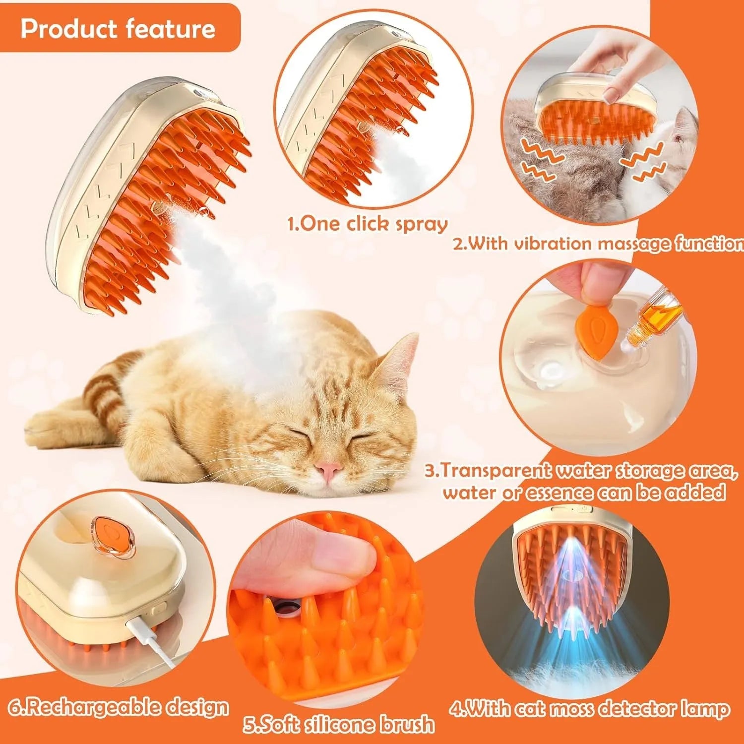 Yellow 4-in-1 cat steam brush with water spray, vibration massage, and ringworm detector light