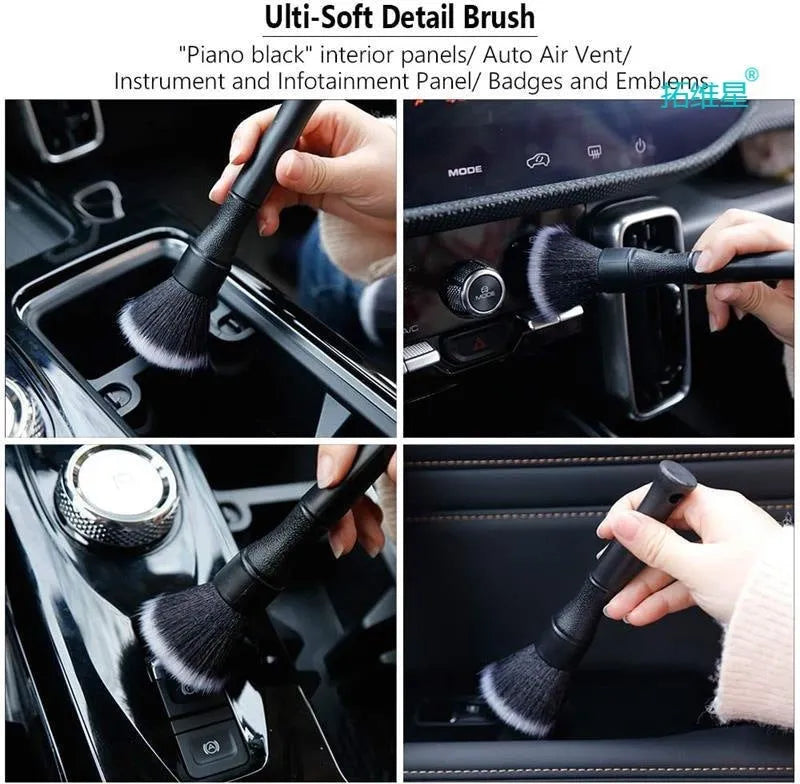 Black car detailing brush with ultra-soft pig hair bristles and PP handle in two sizes