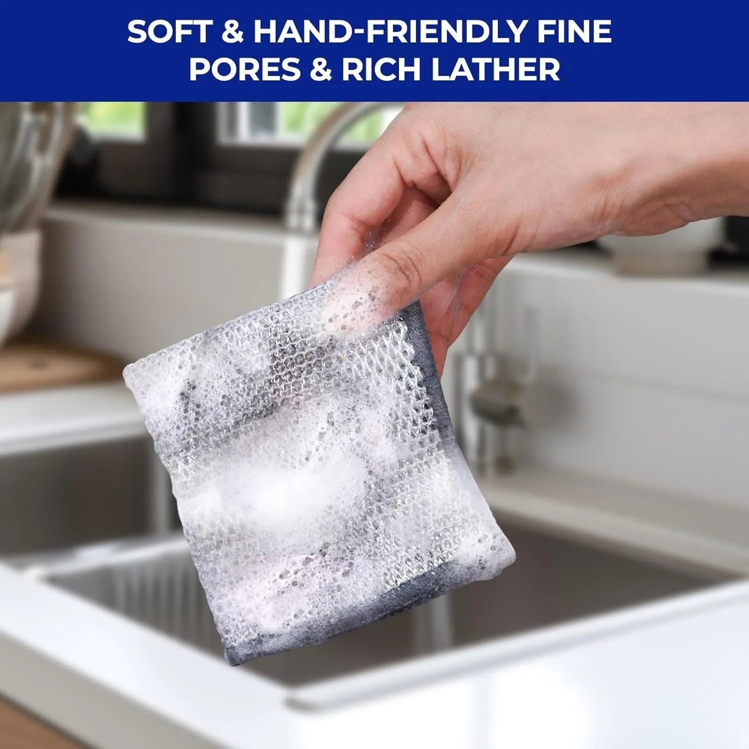 Silver silk microfibre cleaning rag with integrated steel wool scourer for pots and bowls.