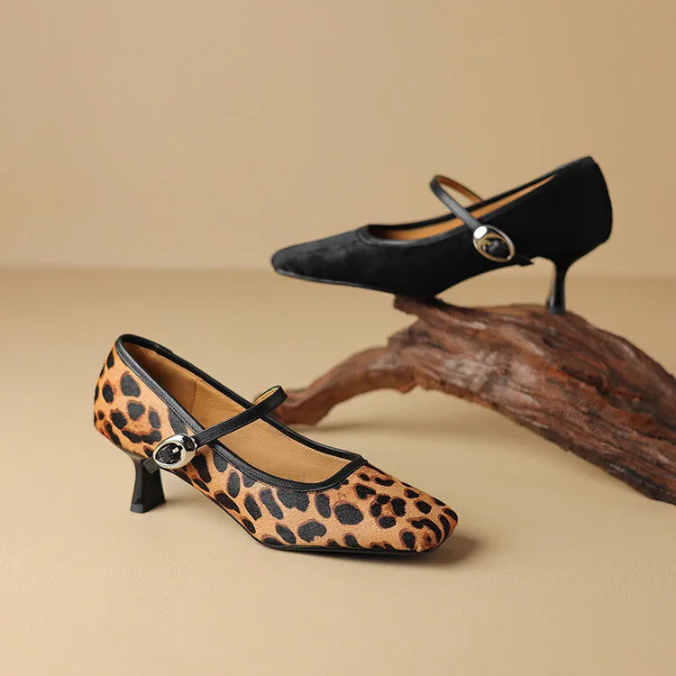 Women's black square toe stiletto heels with horse hair upper and ankle strap buckle
