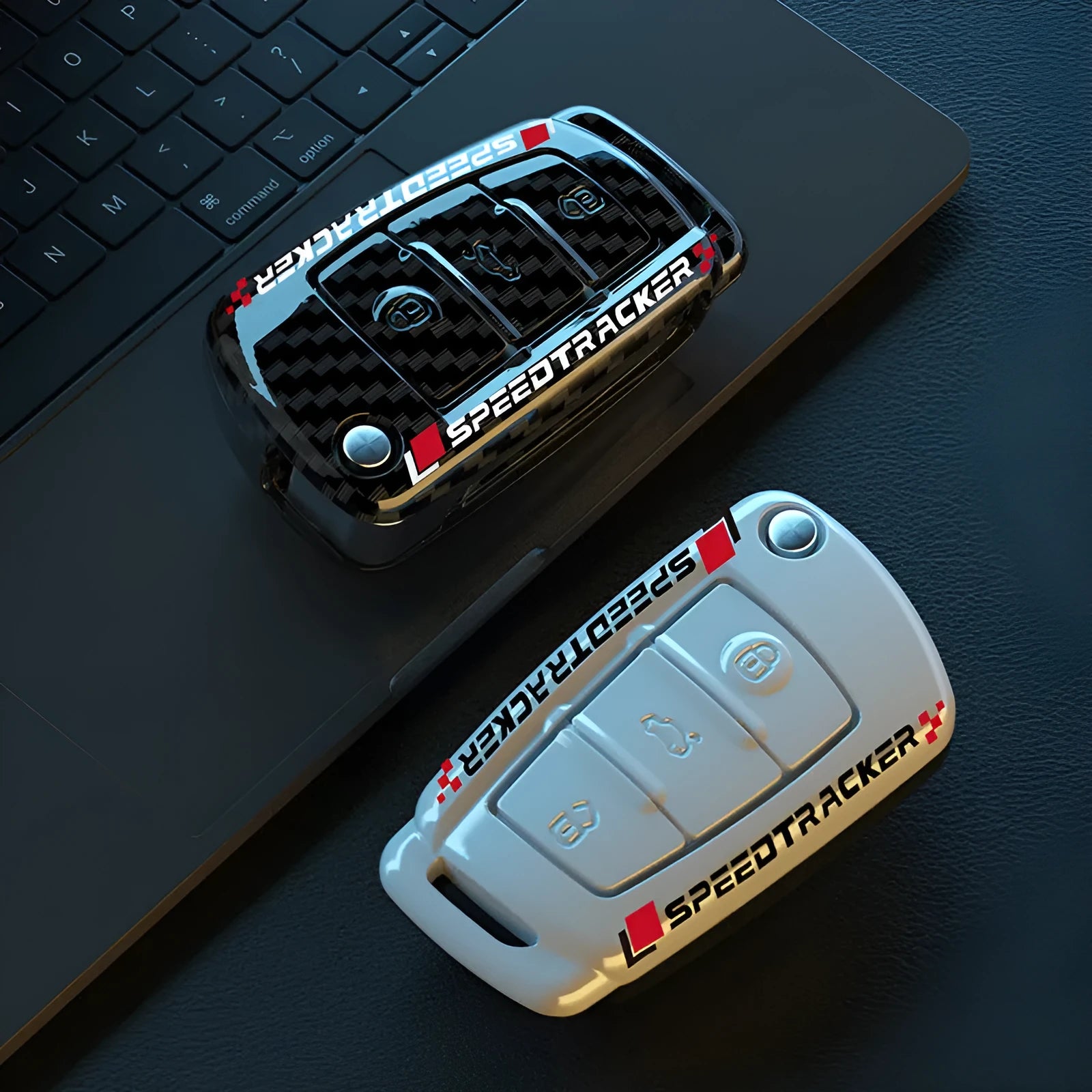Carbon fibre pattern car key cover in black and white options with minimalist design