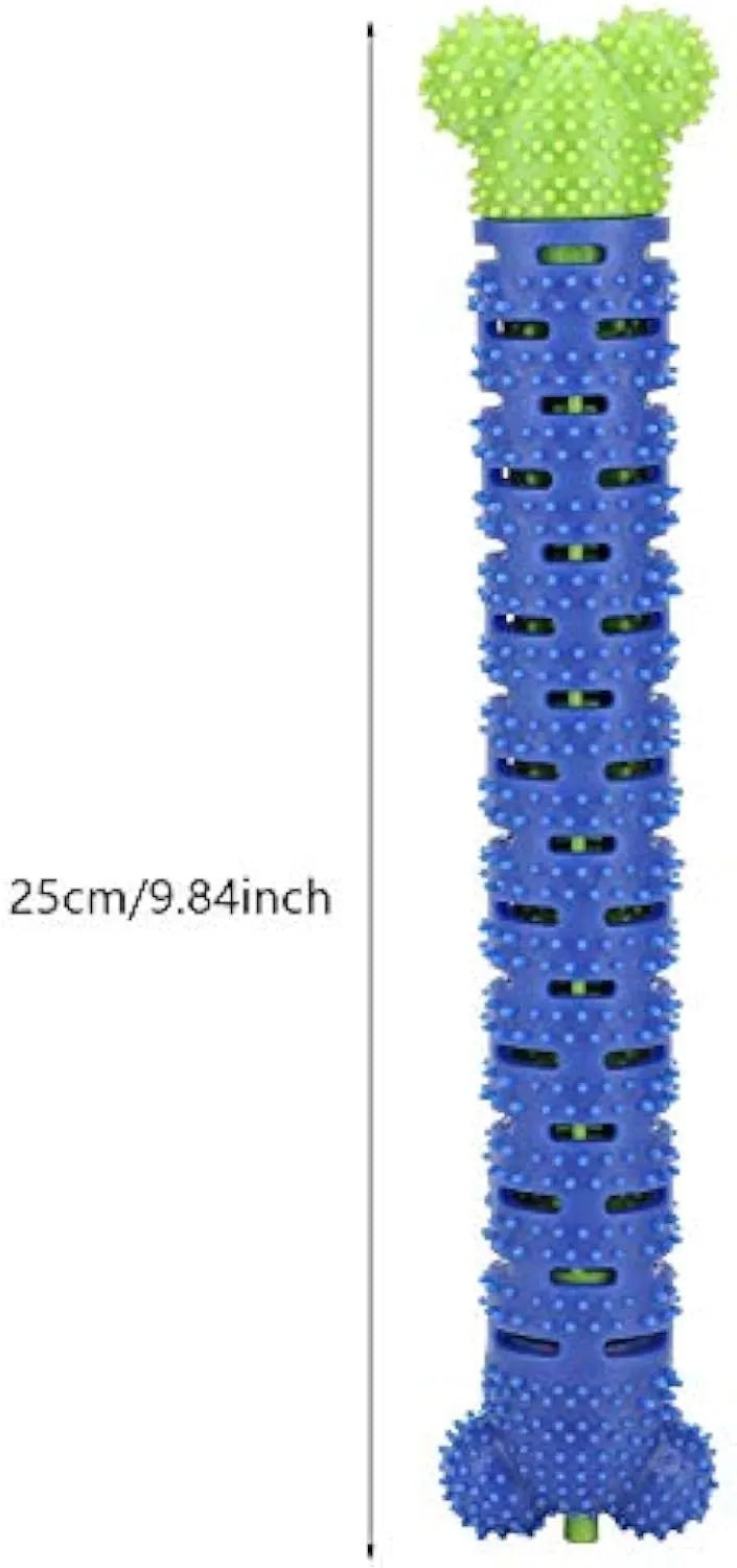 Blue-green silicone dog tooth cleaning stick with brush hair core measuring 25cm long