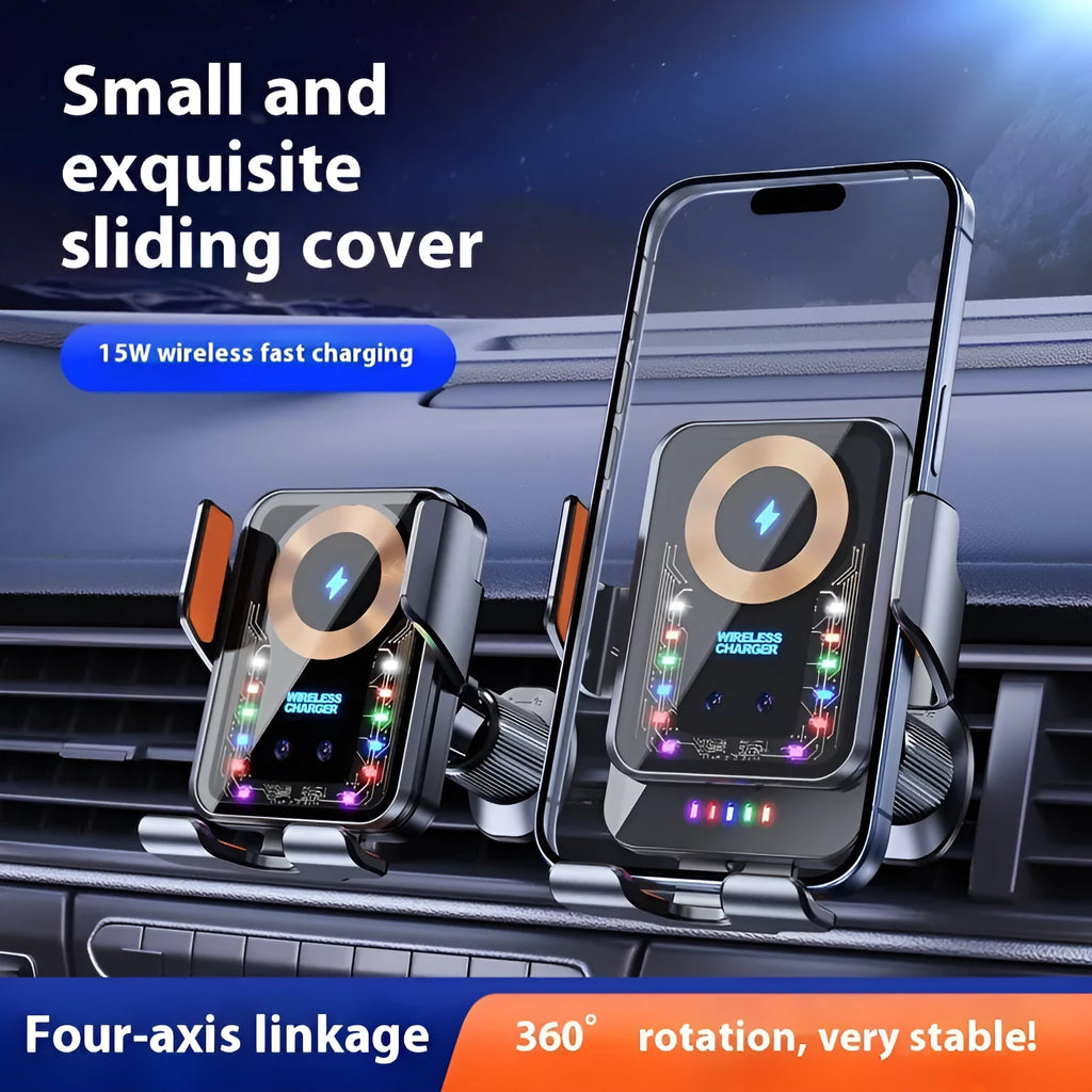Black car wireless charging stand with gravity holder for dashboard windscreen vent use