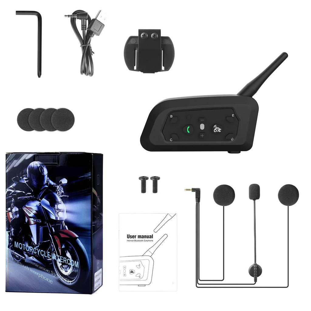 V6pro motorcycle helmet Bluetooth intercom unit with mounting clip and charging cable