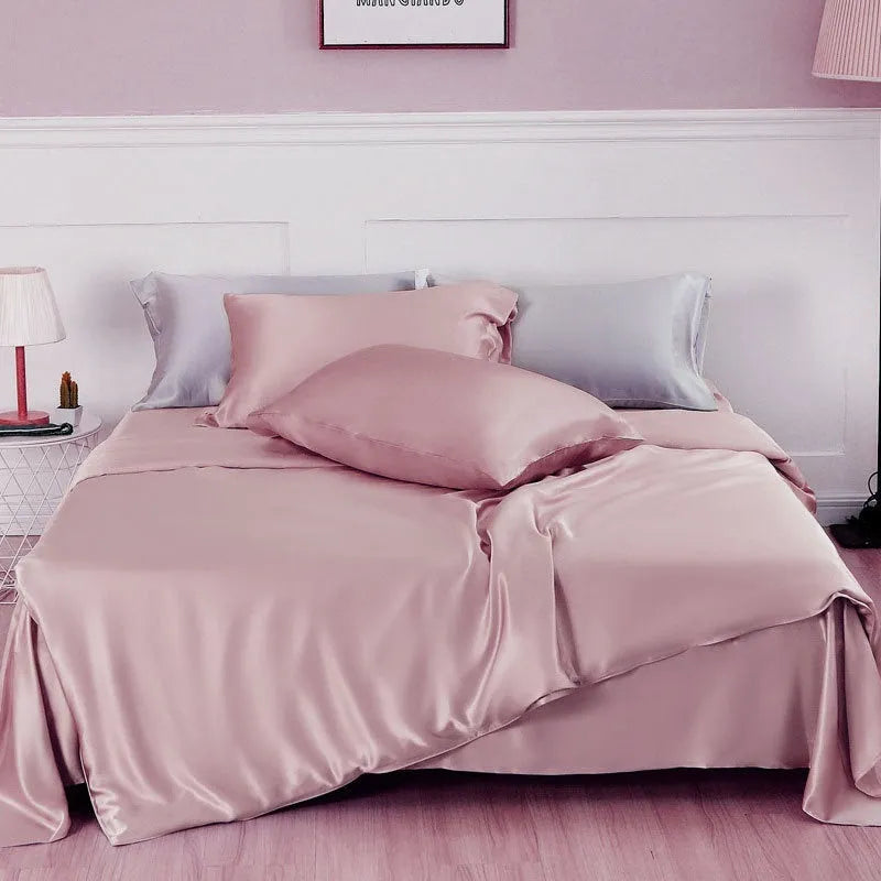 Double-sided silk duvet cover in six solid colours showing smooth plain weave texture