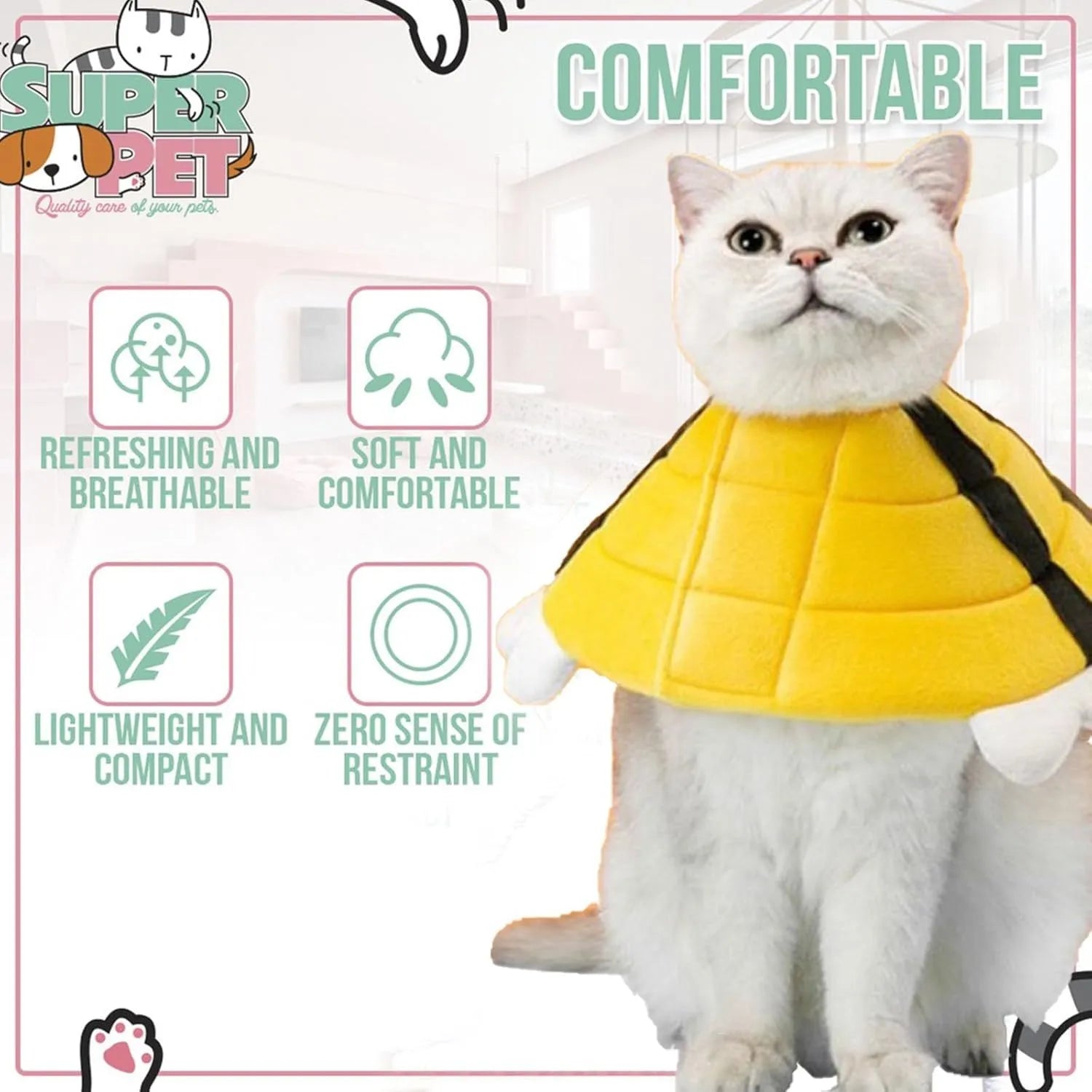 Soft white cat cone collar with a black and yellow bee design and Velcro closure.