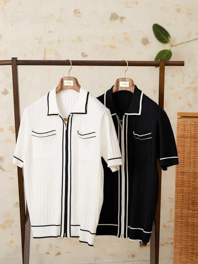 Men's slim fit black lapel polo shirt with short sleeves on a hanger