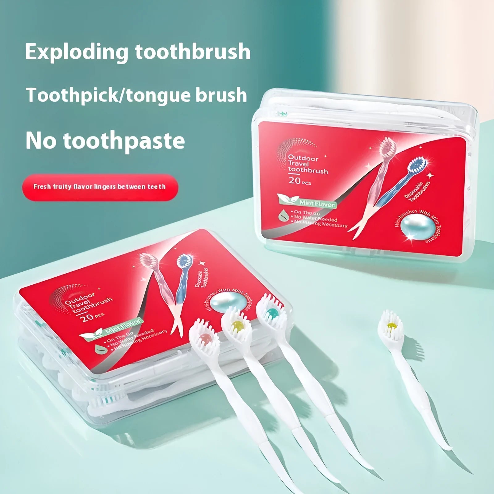 Box containing 20 individual disposable bead toothbrushes with built-in toothpaste for travel.