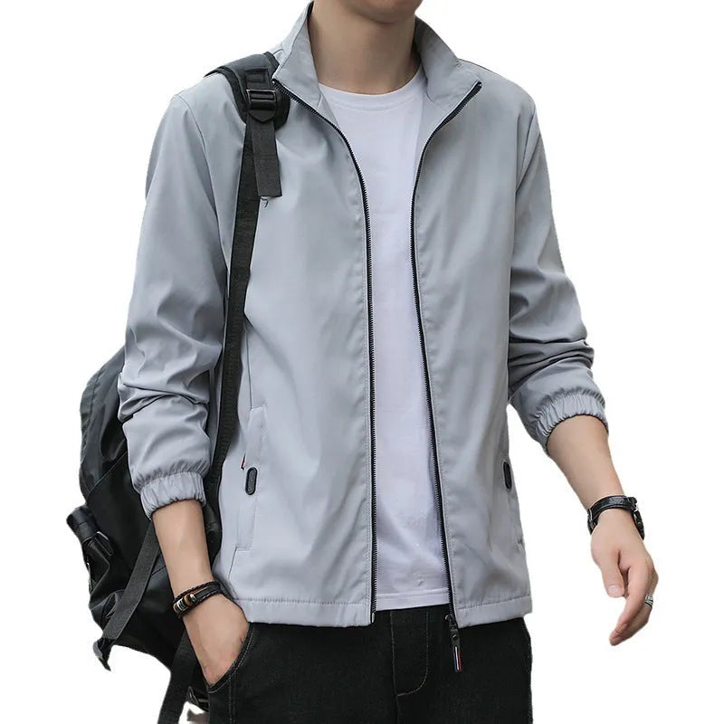 Korean style loose fit autumn jacket with lapel collar in lightweight polyester fabric