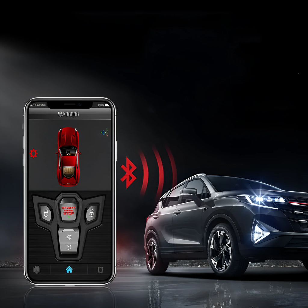 Red and black one-way remote control car alarm system with two remotes for 3000 metre vehicle security.