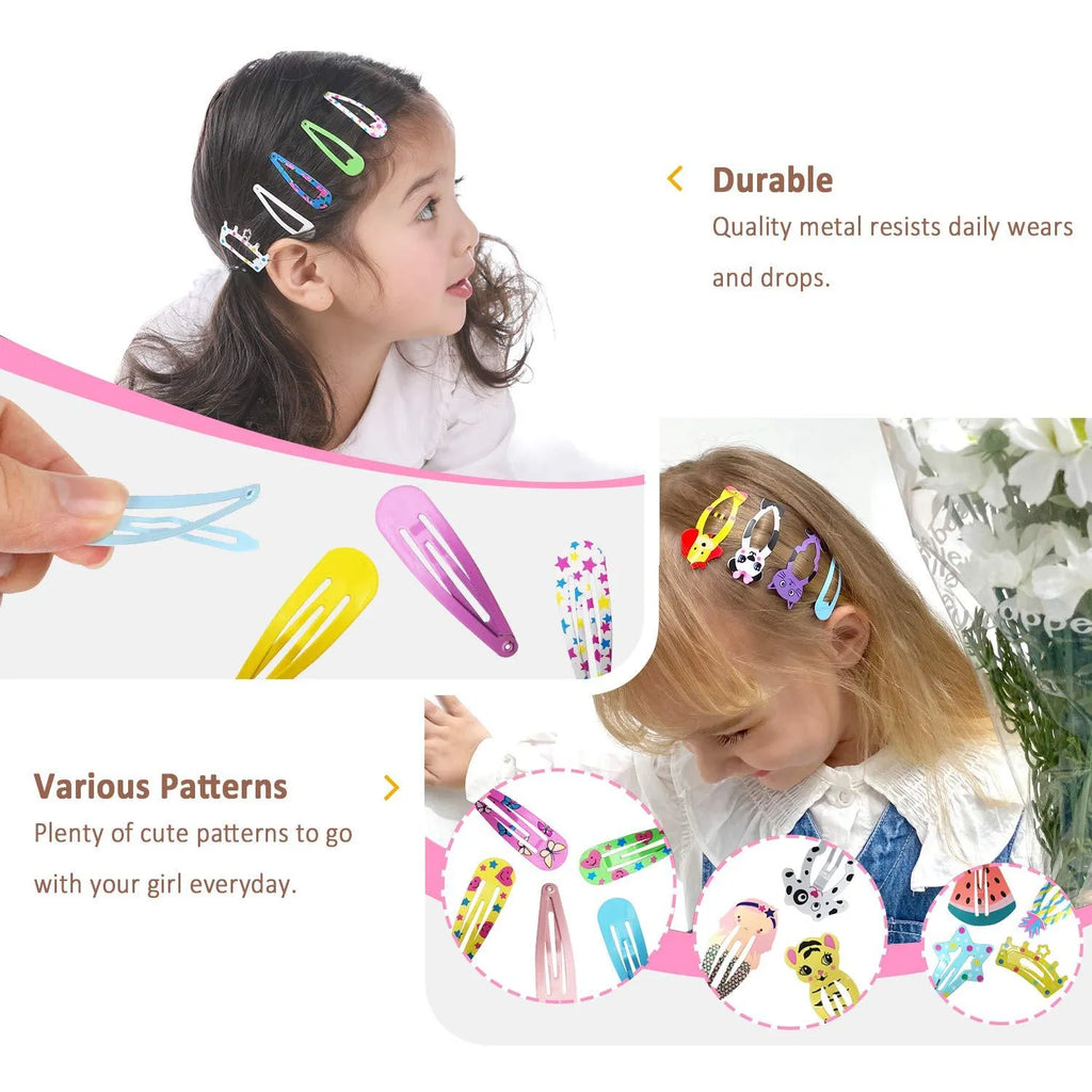 100-piece hair clip set with metal snap closures in assorted candy colours and cartoon designs
