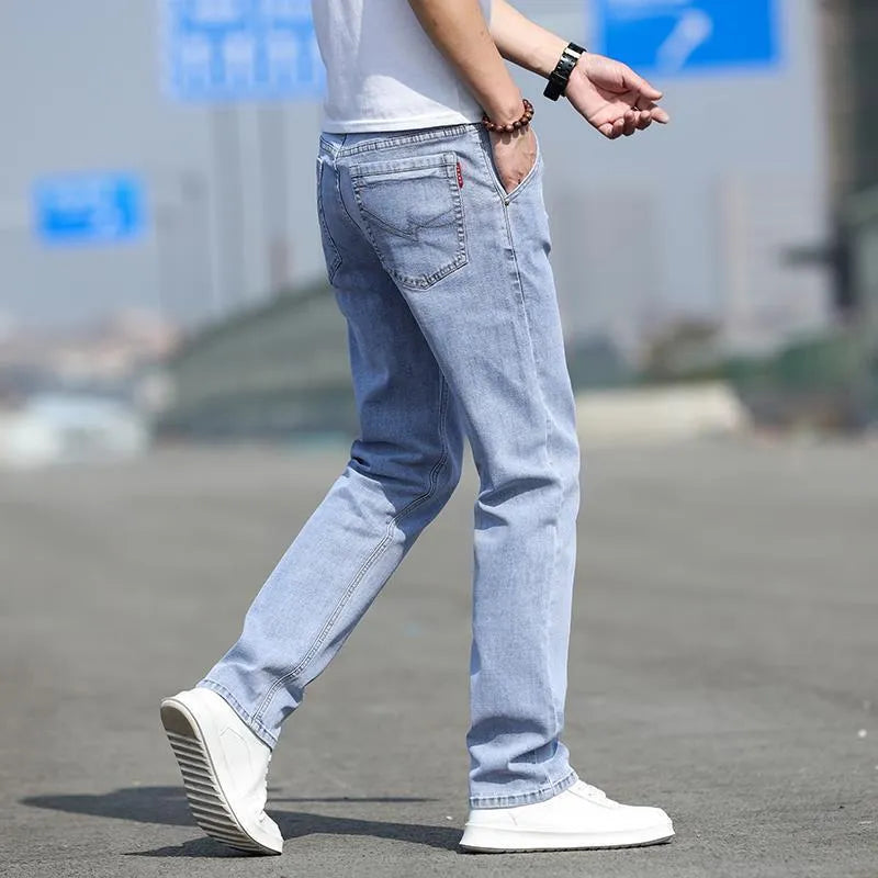 Men's smoky grey straight cut jeans with rabbit fur fabric and zip fly closure