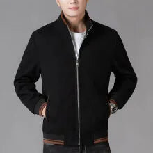 Men's gray polyester fleece autumn coat with long sleeves and side pockets on hanger