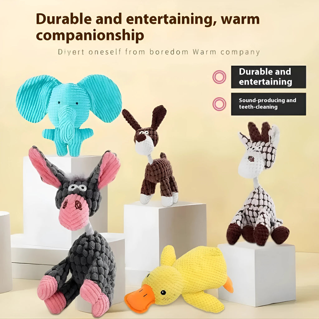 Bite-resistant plush puppy toy showing rechargeable duck and donkey styles in multiple colours for teething relief