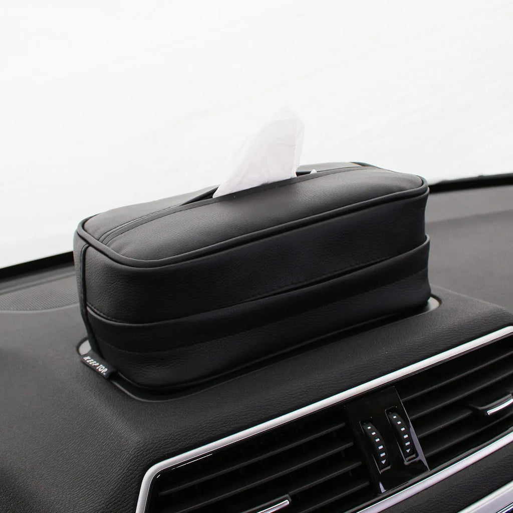 Black PU leather car hanging storage box with zipper and hook, shown next to a measuring tape indicating 23cm length.