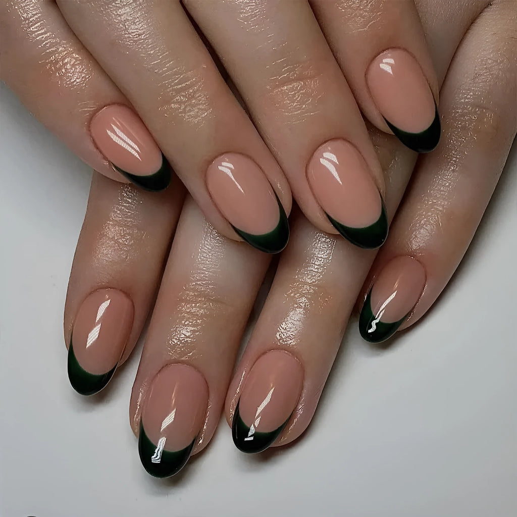 24 black French manicure press-on nails in short almond style arranged as complete set